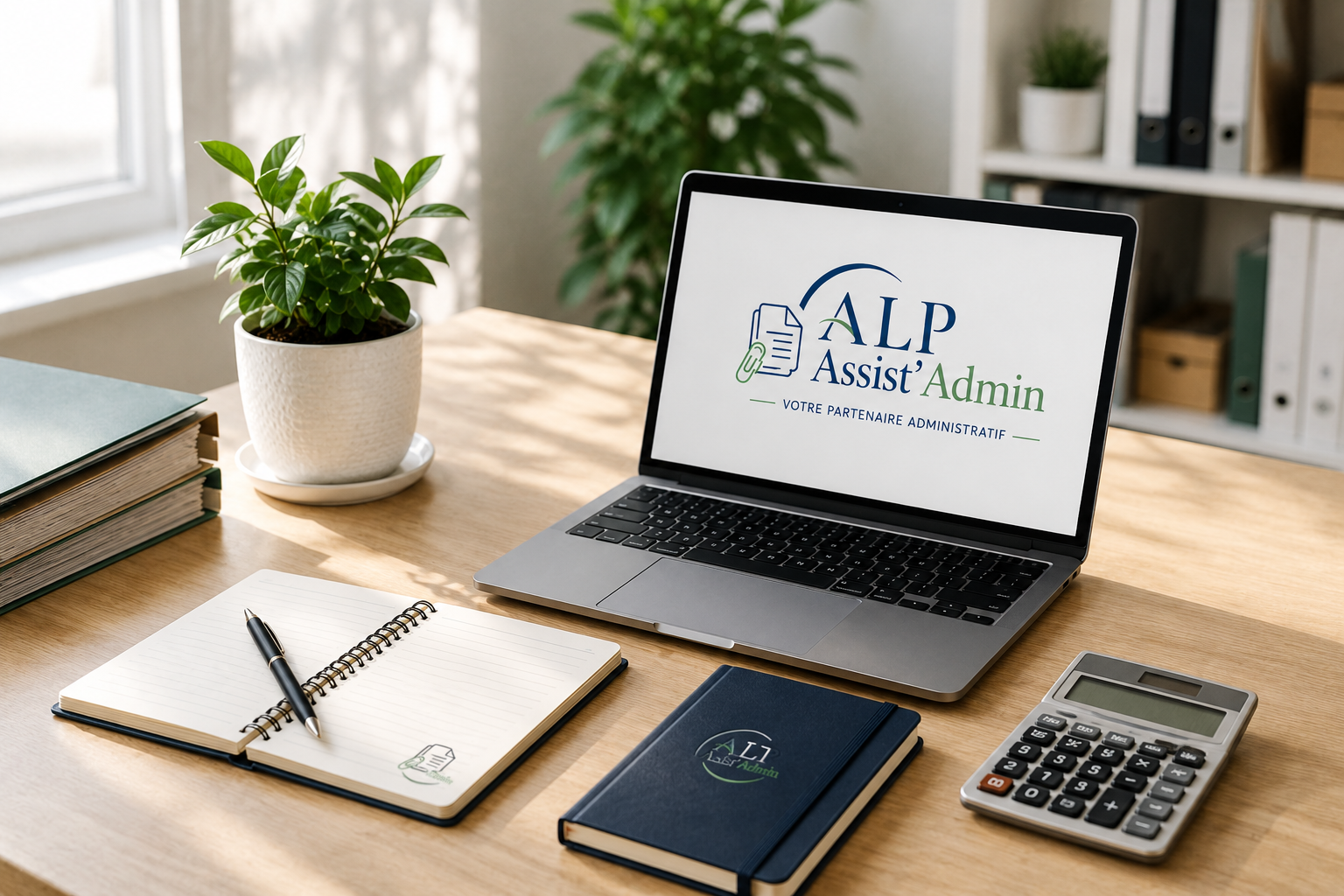 Bureau ALP Assist’Admin avec ordinateur portable, documents et fournitures administratives